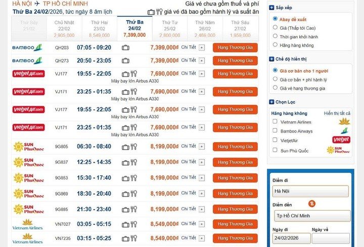 Ngày 24/2, các hãng không còn vé phổ thông, chỉ còn vé hạng thương gia với mức giá từ hơn 7 triệu đồng chưa bao gồm thuế, phí. (Ảnh chụp màn hình sáng 22/2).