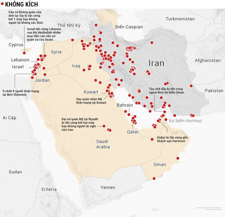 Các cuộc không kích qua lại lan rộng khắp Trung Đông (tính đến 19h30 ngày 8/3).