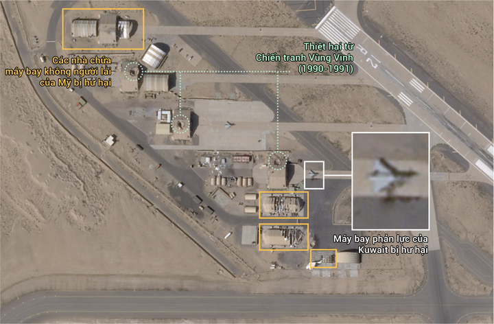 Ảnh vệ tinh do công ty quan sát Trái Đất Planet Labs chụp ngày 1/3/2026 cho thấy các kho chứa UAV của Mỹ bị hư hại tại căn cứ không quân Ali Al Salem ở Kuwait. Căn cứ này hiện đồn trú binh sĩ Mỹ và triển khai nhiều loại máy bay quân sự. Hình ảnh vệ tinh cũng cho thấy một tiêm kích Eurofighter Typhoon bị hư hại. Loại máy bay này không thuộc biên chế của Mỹ mà được Không quân Kuwait sử dụng.