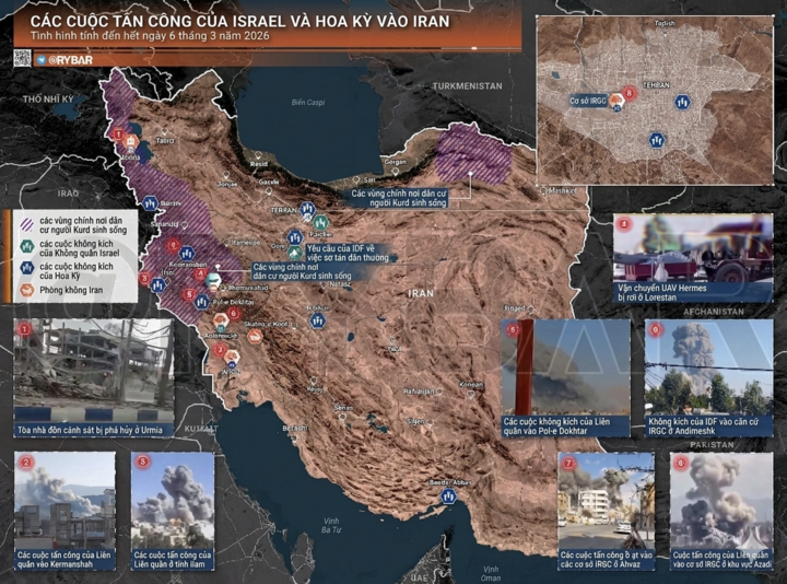 Bản đồ các cuộc không kích của Mỹ - Israel nhắm vào Iran tính đến hết ngày 6/3. (Ảnh: Rybar)