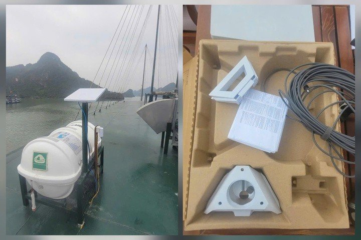 Thiết bị thu phát sóng vệ tinh Starlink thu được từ tàu YLANG. (Ảnh: Cục Tần số vô tuyến điện)