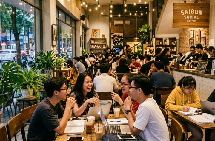 Nhiều người chọn quán cà phê làm không gian học nhóm, làm việc trong nhiều giờ liền. (Ảnh minh hoạ)