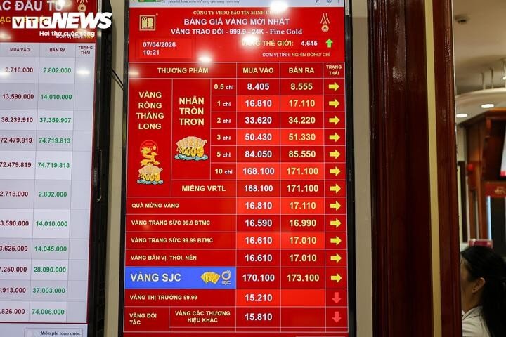Trưa 7/4 giá vàng nhẫn tại Bảo Tín Minh Châu được niêm yết ở mức 168,1 - 171,1 triệu đồng/lượng; vàng miếng SJC dao động ở mức 170,1 - 173 triệu đồng/lượng.