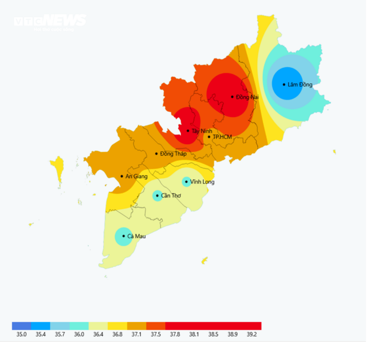 Bản đồ dự báo nhiệt độ cao nhất trong 24 giờ tới. (Nguồn: Đài KTTV Nam Bộ)