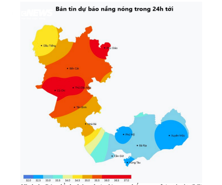 Bản đồ dự báo nhiệt độ cao nhất tại TP.HCM trong 24 giờ tới (°C). (Nguồn: Đài KTTV Nam Bộ)
