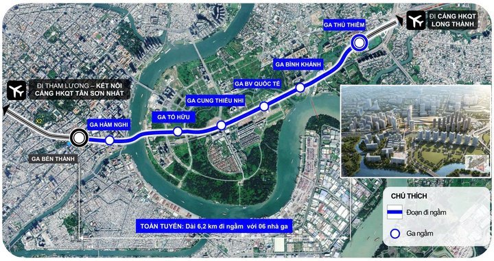 Sơ đồ hướng tuyến và vị trí 6 nhà ga của Metro Bến Thành - Thủ Thiêm. (Nguồn: THACO)