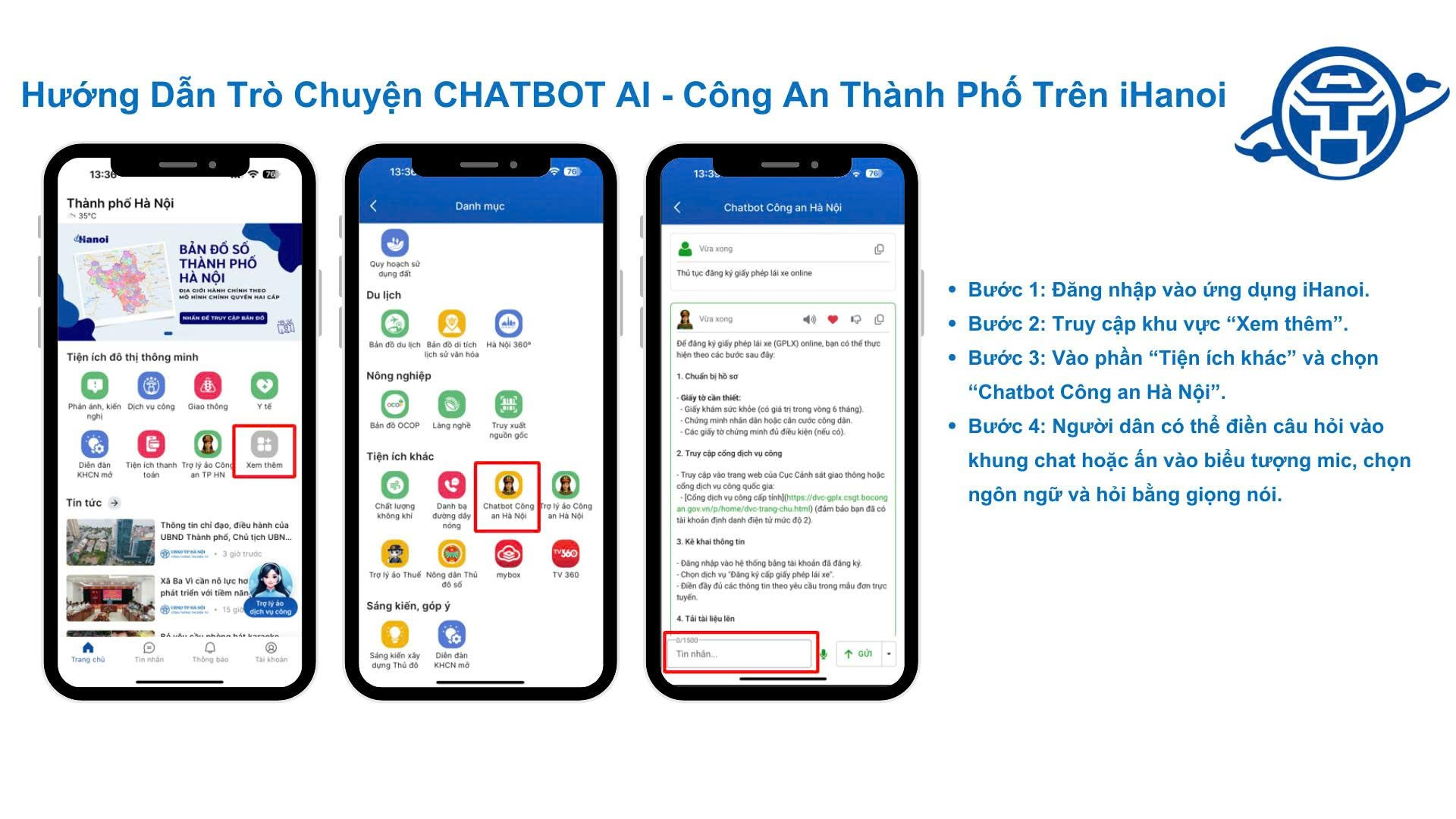 Sử dụng chatbot Ai của Công an thành phố Hà Nội trên ứng dụng iHanoi