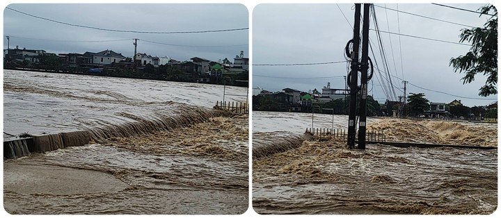Nước lũ tại sông Hà Cối qua địa bàn xã Quảng Hà vẫn đang dâng cao.