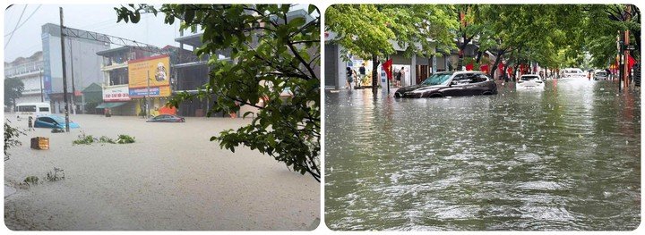 Hàng loạt tuyến phố trung tâm tại phường Cửa Ông và Cẩm Phả ngập sâu hơn nửa mét khiến giao thông tê liệt, nhiều ô tô chết máy giữa đường.