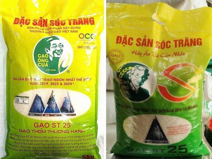 Túi gạo ST25 chính hãng (bên trái) và túi gạo nhái thương hiệu (bên phải) sử dụng bao bì, tên gọi và hình ảnh “na ná” thương hiệu thật để đánh lừa khách hàng online.