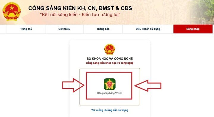 Người dân, tổ chức đăng nhập bằng VNeID để gửi sáng kiến trực tuyến trên Cổng Sáng kiến KH,CN,ĐMST&CĐS.
