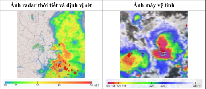Ảnh radar thời tiết, định vị sét và mây vệ tinh cho thấy mây đối lưu đang phát triển mạnh trên khu vực TP.HCM và Nam Bộ.