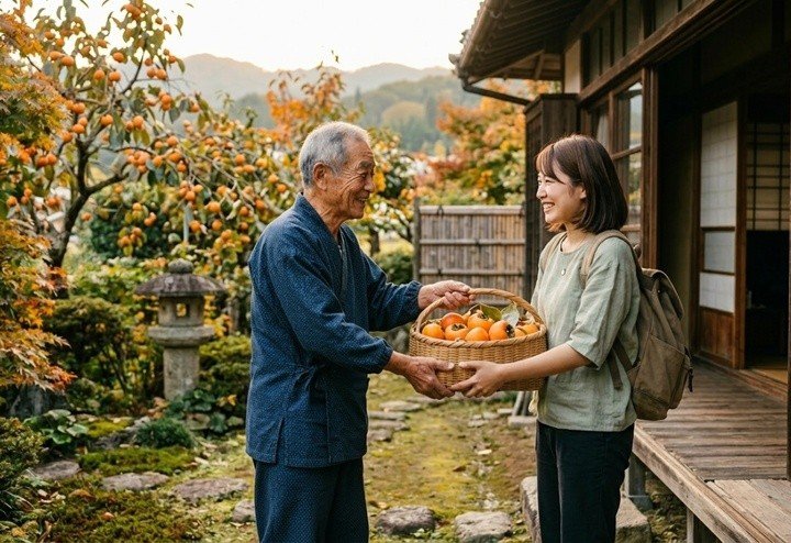 Người Nhật Bản vui vẻ khi người lạ hỏi xin quả trong vườn nhà mình. (Ảnh minh họa: AI)