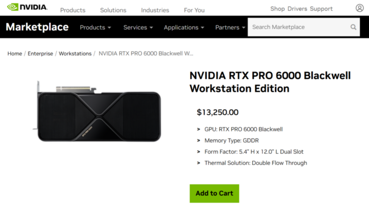 Card đồ họa NVIDIA RTX PRO 6000 Blackwell với thiết kế tản nhiệt hai khe. (Nguồn: Nvidia)