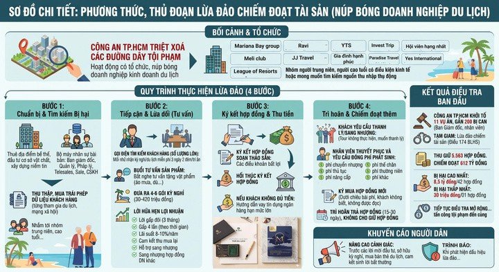Sơ đồ chi tiết phương thức lừa đảo tinh vi thông qua hợp đồng kỳ nghỉ vừa được Công an TP.HCM triệt phá.