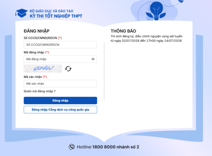 Giao diện đăng nhập hệ thống tuyển sinh của Bộ Giáo dục và Đào tạo.