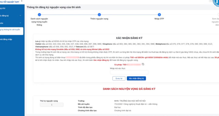 Thí sinh bấm xác nhận đăng ký thành công, toàn bộ thông tin đăng ký nguyện vọng sẽ được hệ thống ghi nhận.