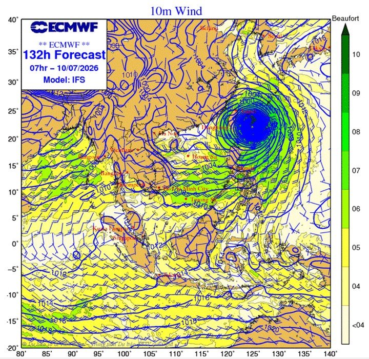 Dự báo tác động gây gió tây nam mạnh trên Biển Đông của siêu bão Bavi trong ngày 10/7. (Nguồn: NCHMF)