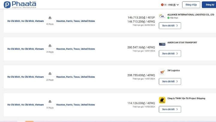 Giá cước vận tải biển từ TP.HCM đi Mỹ niêm yết trên sàn giao dịch logistics quốc tế Phaata. (Ảnh chụp màn hình ngày 14/7).