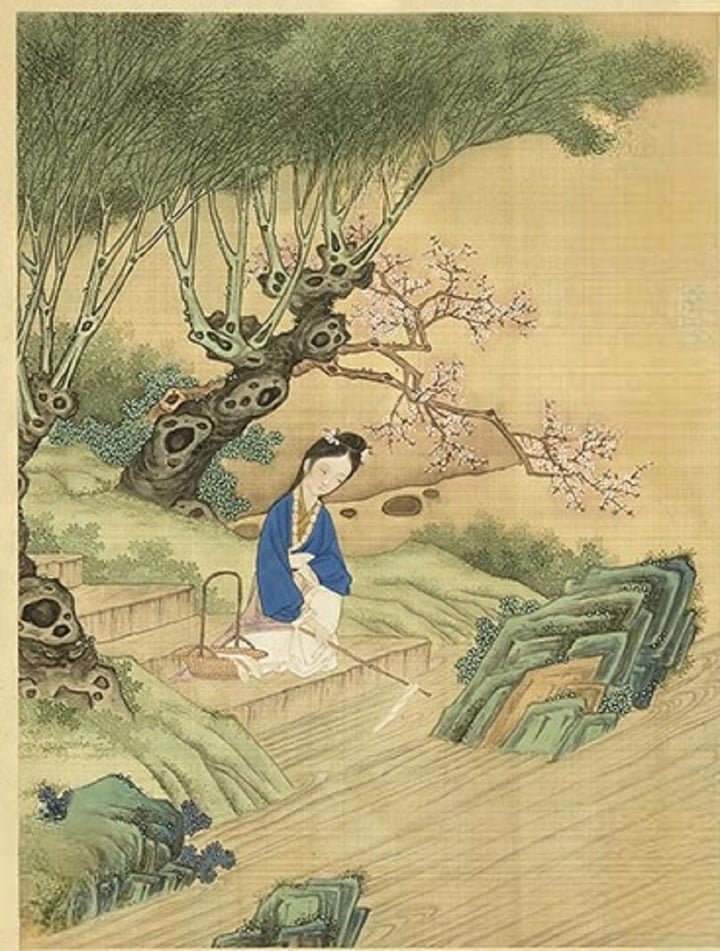 Tranh vẽ Tây Thi giặt lụa bên bờ suối.