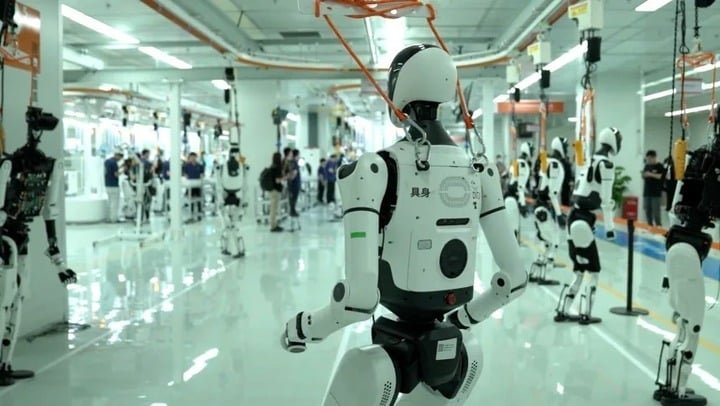 Một nhà máy sản xuất robot ở Bắc Kinh đặt mục tiêu xuất xưởng 10.000 robot vào cuối năm 2026 và 500.000 robot vào năm 2030, phù hợp với mục tiêu sản xuất hàng loạt robot hình người của ngành công nghiệp này. (Ảnh: CNN)