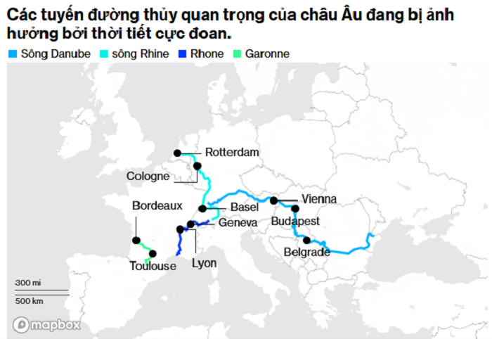 Các tuyến đường thủy quan trọng ở châu Âu bị ảnh hưởng bởi thời tiết cực đoan. (Nguồn: Natural Earth)