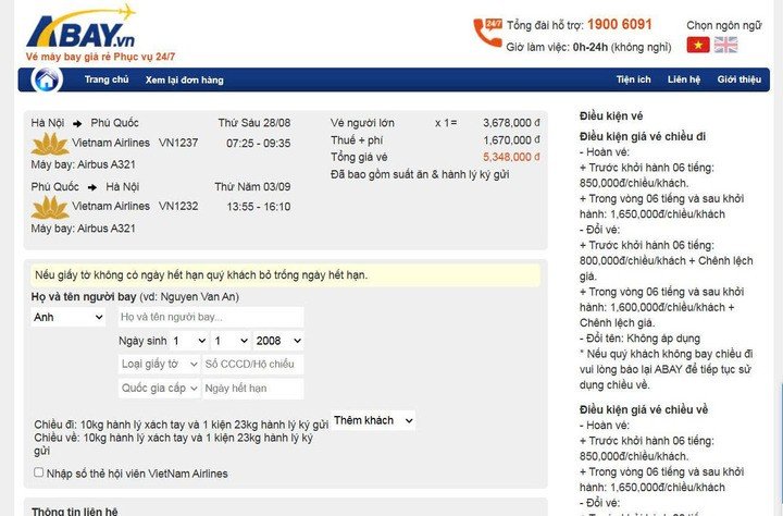 Giá vé máy bay kỳ nghỉ lễ 2/9 tăng vọt. (Ảnh chụp màn hình ngày 8/8).
