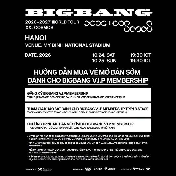 Toàn bộ vé thương mại của BIGBANG 2026 - 2027 WORLD TOUR < XX : COSMOS > IN HANOI đều được mở bán minh bạch trên nền tảng CTicket.