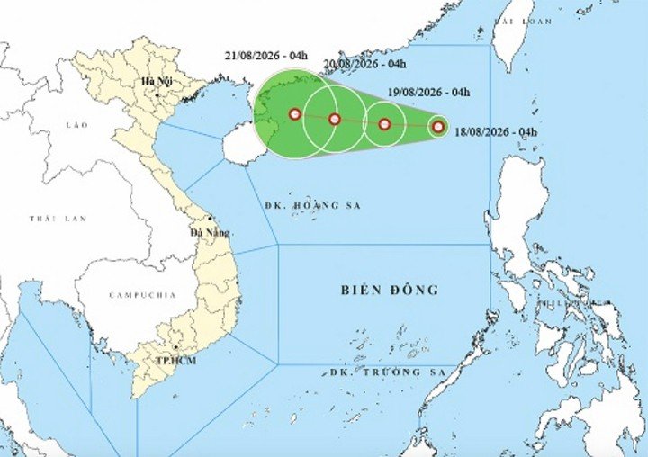 Bản đồ dự báo đường đi, khu vực ảnh hưởng của áp thấp nhiệt đới trên Biển Đông. (Nguồn: NCHMF)