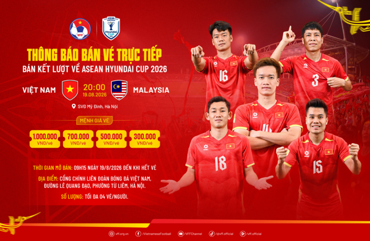 Liên đoàn bóng đá Việt Nam (VFF) mở bán vé trực tiếp trận bán kết lượt về ASEAN Cup 2026 giữa Việt Nam và Malaysia. (Ảnh: VFF)