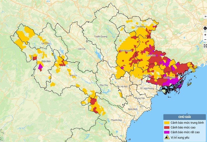 Bản đồ nguy cơ lũ quét, sạt lở đất đá trên các khu vực. (Nguồn: NCHMF)