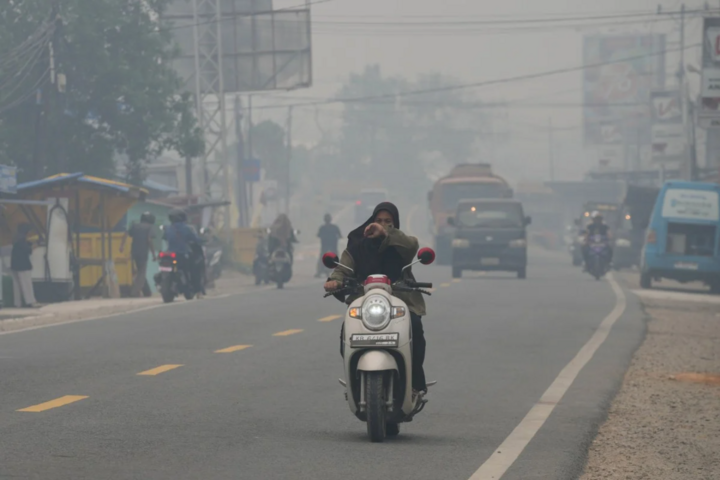 Người tham gia giao thông giữa làn khói dày đặc do cháy rừng ở Mempawah, Tây Kalimantan, Indonesia, ngày 10/9. (Ảnh: AP)