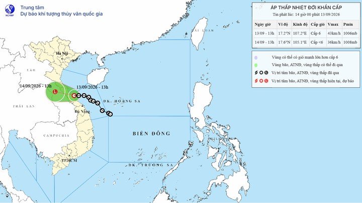 Bản đồ dự báo đường đi, khu vực ảnh hưởng của áp thấp nhiệt đới. (Nguồn: NCHMF)