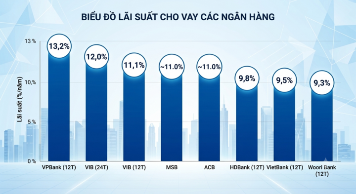Lãi suất vay mua nhà cho khoản cố định 12-24 tháng tại các ngân hàng đều tiệm cận mức 10 - 13%/năm, tức lãi vay khi thả nổi có thể đạt 13 - 17%/năm. (Đồ họa: Đại Việt)