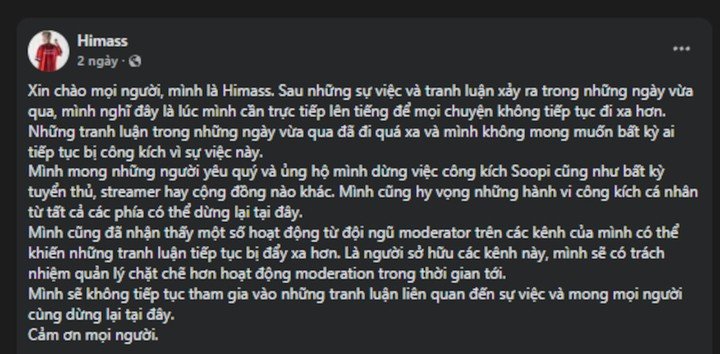 Game thủ Himass viết tâm thư sau tranh cãi
