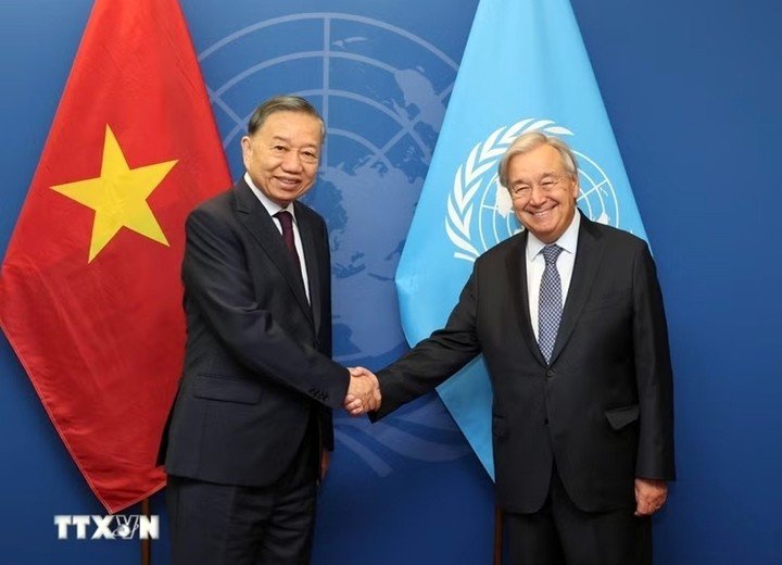 Tổng Bí thư, Chủ tịch nước Tô Lâm gặp Tổng Thư ký Liên hợp quốc António Guterres. Ảnh: TTXVN