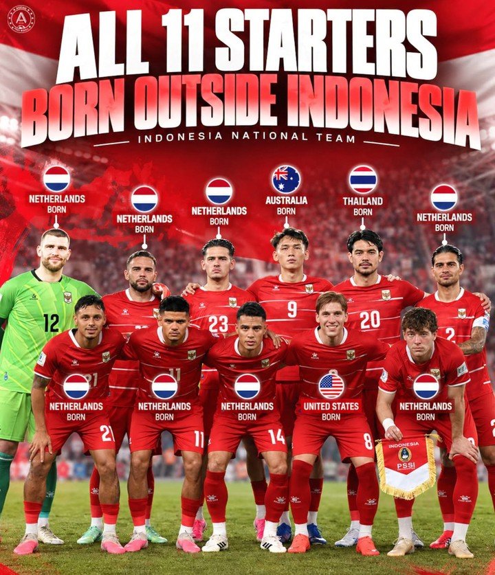 Đội hình ra sân của ĐT Indonesia với 11 cầu thủ sinh ra ở nước ngoài.