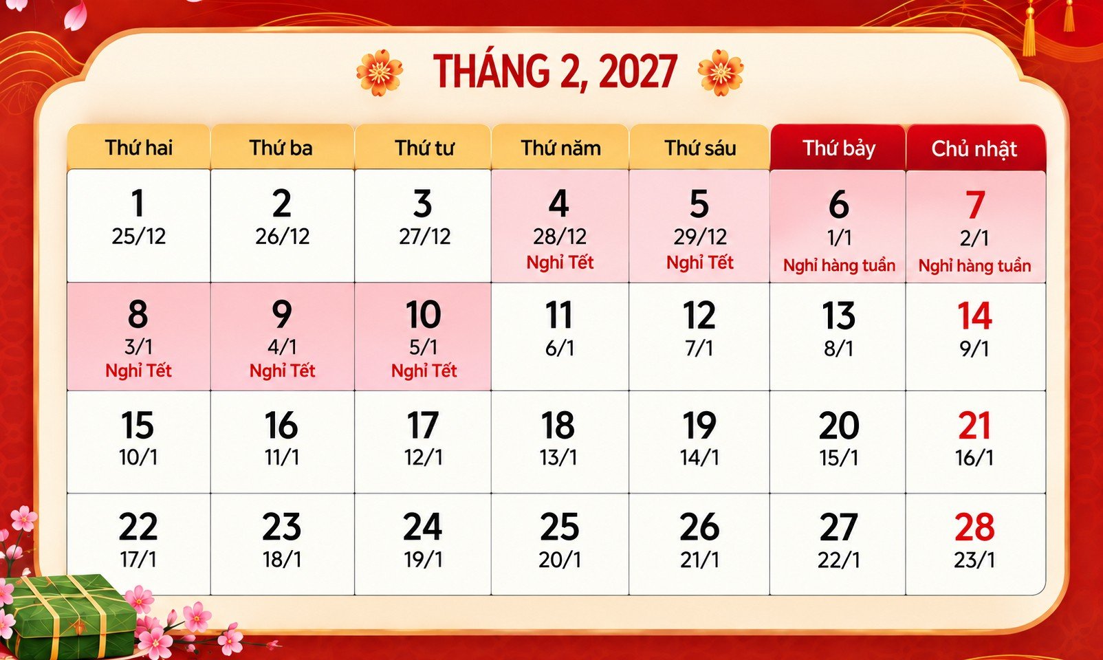 Phương án nghỉ Tết Nguyên đán 2027. (Ảnh: AI)
