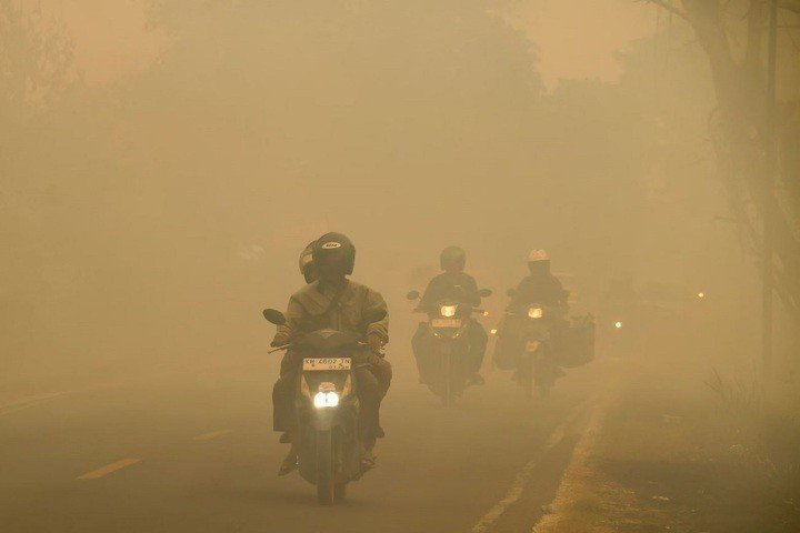 Người đi xe máy băng qua làn khói mù mịt từ các vụ cháy rừng ở thành phố Palangkaraya, Central Kalimantan, Indonesia. (Ảnh: Getty Images)