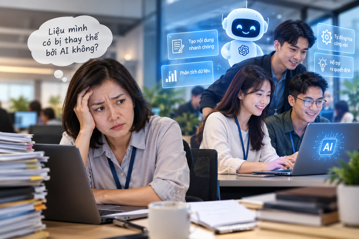 Nhìn giới trẻ áp dụng AI thành thạo, U40 đi làm nơm nớp lo mất việc (Ảnh minh họa: AI)