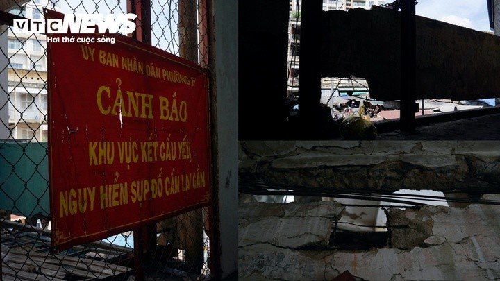 Tại nhiều vị trí, kết cấu bê tông bị hư hỏng nặng, xuất hiện những khoảng hở lớn. Một số mảng bê tông từ phía trên rơi xuống tầng trệt, mái tôn và hành lang, gây nguy hiểm cho người dân sinh sống bên dưới.