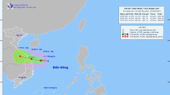 Áp thấp xuất hiện trên Biển Đông, dự báo ngày mai đổ bộ khu vực Đà Nẵng-Quảng Ngãi