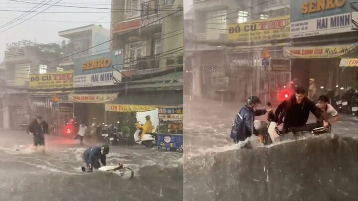 'Sốt' clip 3 thanh niên lao ra cứu chiếc xe máy bị mưa lớn cuốn trôi ở TP.HCM