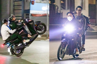 Quái xế kẹp 4, bốc đầu, rú ga kinh hãi trên phố Hà Nội giữa đêm khuya